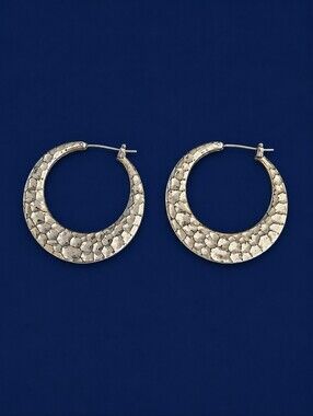 Silvertone Hammered Metal Crescent Creole Huggie Hoop Nebula Earrings